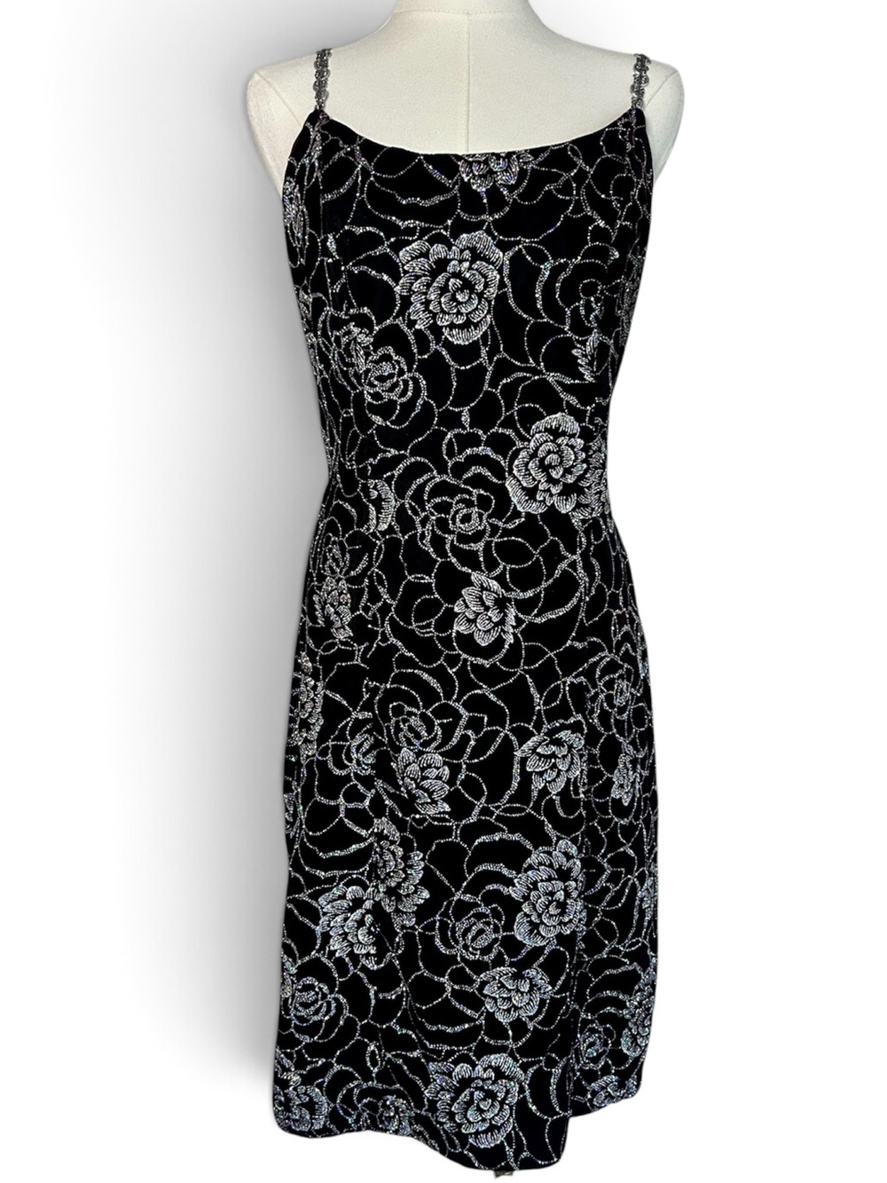 Vintage 90s Zum Zum Black Velvet Rose Rhinestone Cocktail Dress Party Glam USA M